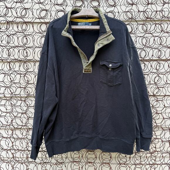 Vintage Polo Ralph Lauren Rugby Utility Henley Snap 1/4 Zip Blue Sweatshirt 2XB - Picture 1 of 12
